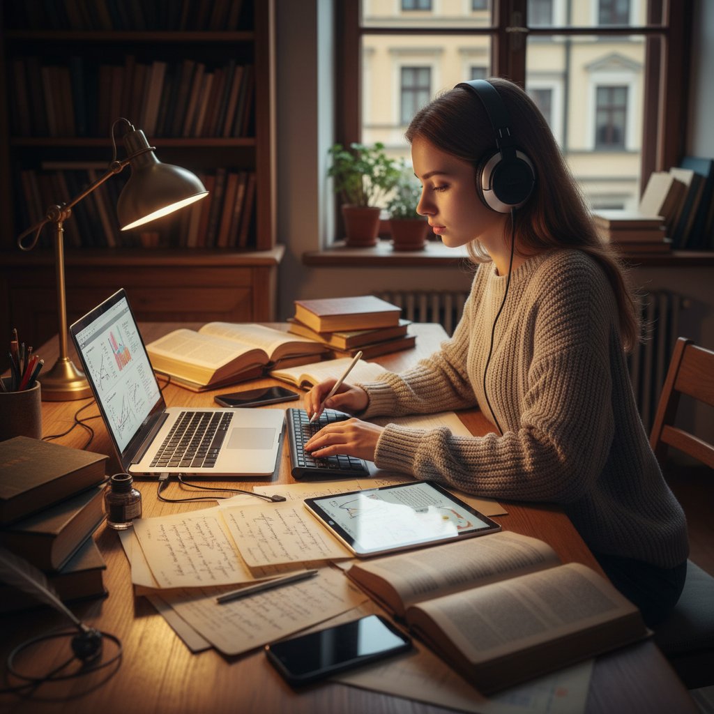 Uczeń przygotowujący się do matury z włoskiego online, łącząc książki i nowoczesną technologię