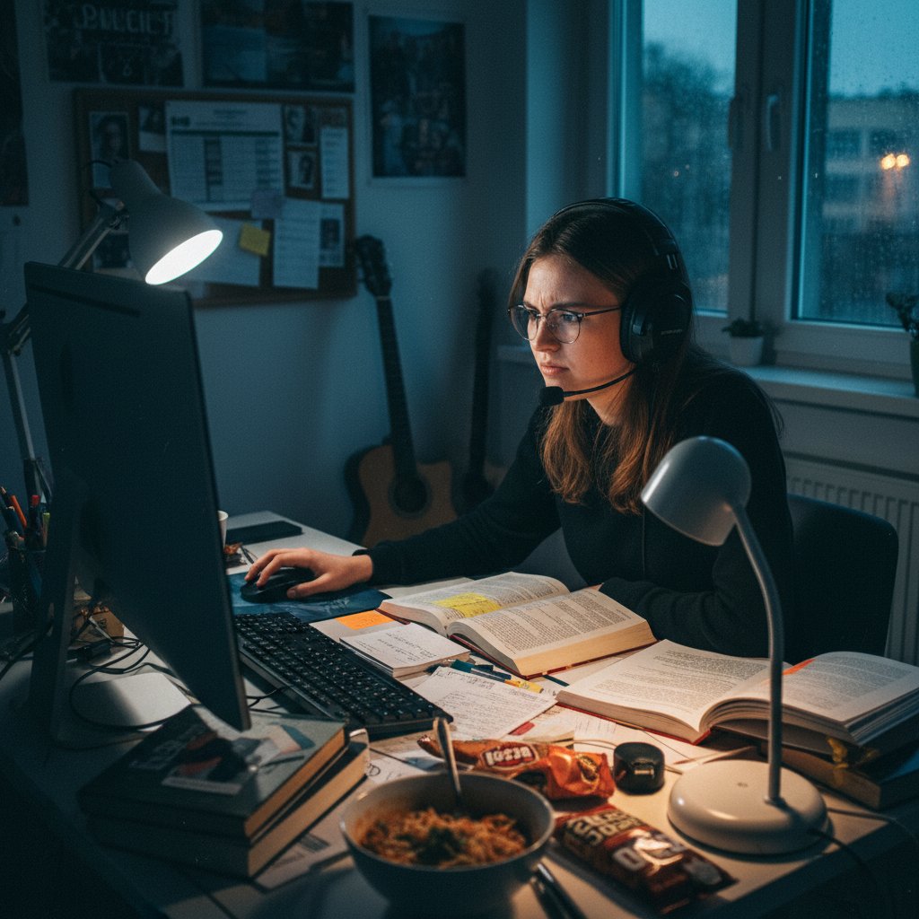 Polski uczeń podczas zdalnej sesji mentoringowej, skupiony przy biurku, noc, mentoring uczniów online, edukacja zdalna