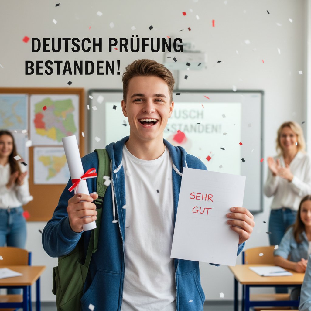 Zadowolona uczennica po odebraniu świadectwa maturalnego, trzymająca certyfikat z niemieckiego