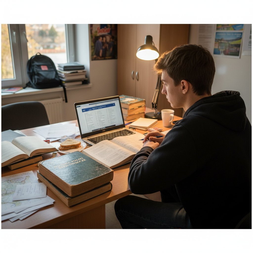 Uczeń przygotowujący się do matury historii otoczony książkami i laptopem, atmosfera skupienia
