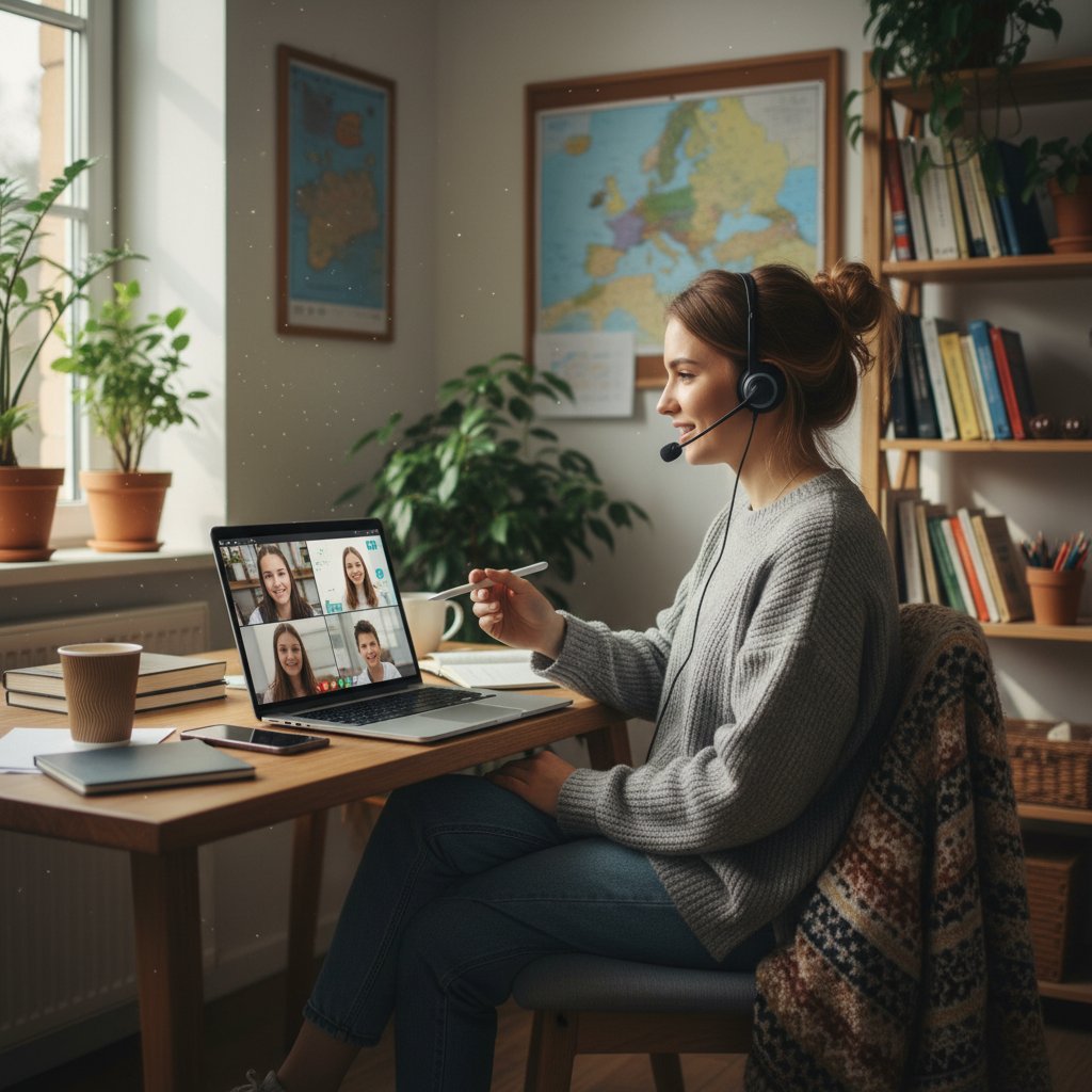 Polski uczeń w domowym biurze, śledzący korepetycje warsztat online na laptopie, otoczony notatkami
