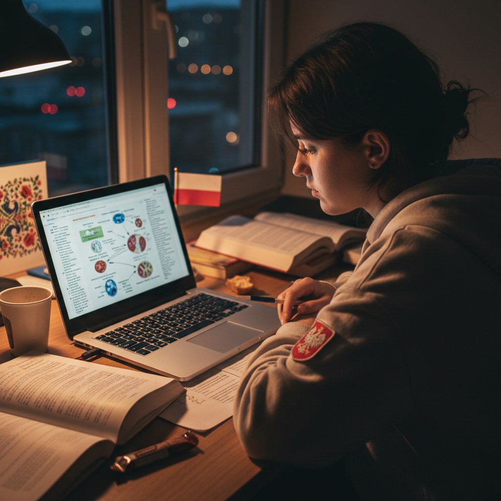 Student przy biurku z materiałami z immunologii online