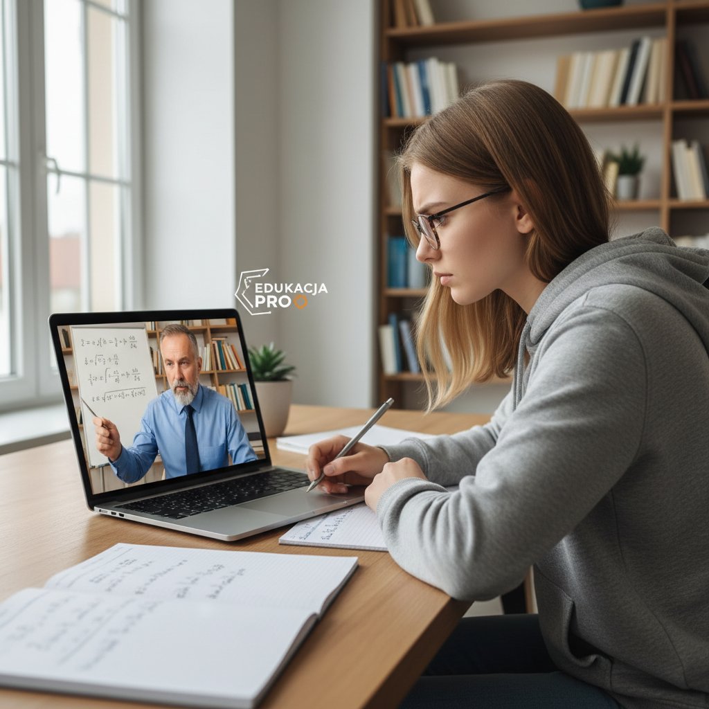 Polska uczennica podczas indywidualnej lekcji online z korepetytorem, skupienie i profesjonalizm