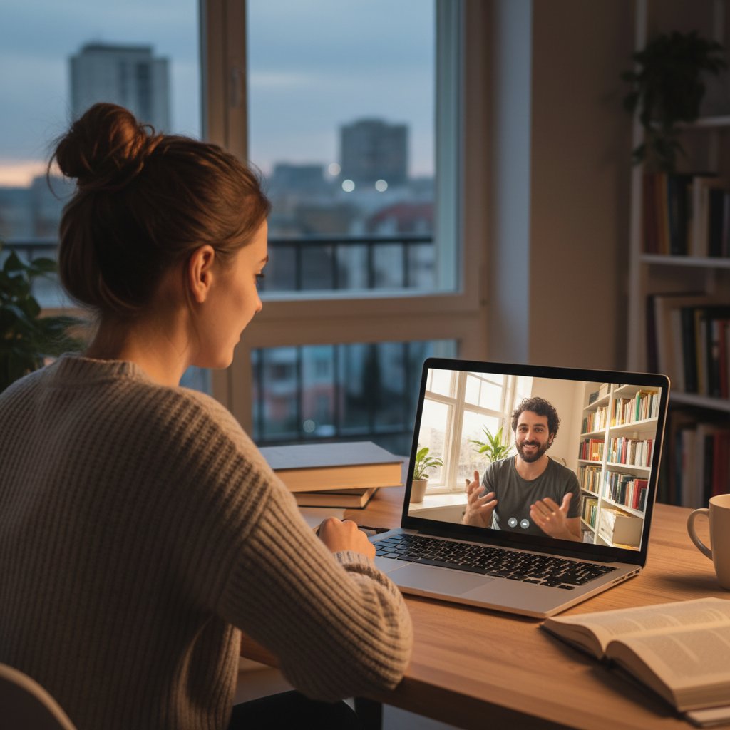 Polska studentka podczas wideo rozmowy z włoskim korepetytorem online w miejskim mieszkaniu