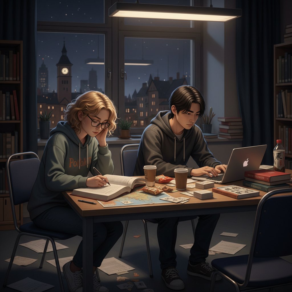 Porównanie: polski i japoński uczeń uczący się na ostatnią chwilę, kontrastujące style pracy