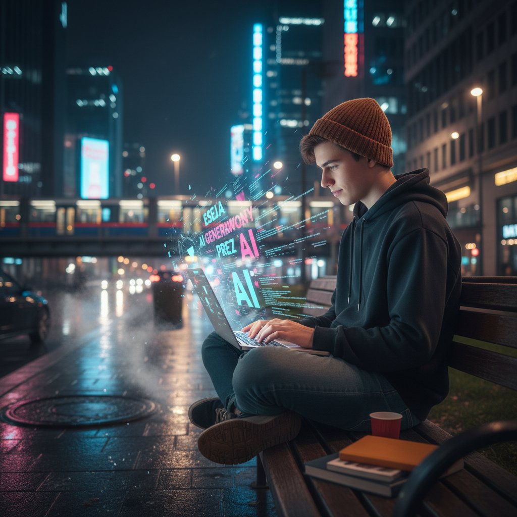 Student korzystający z laptopa przy świetle ekranu, wypracowanie generowane przez AI, słowa kluczowe: chatgpt wypracowania, technologia, edukacja