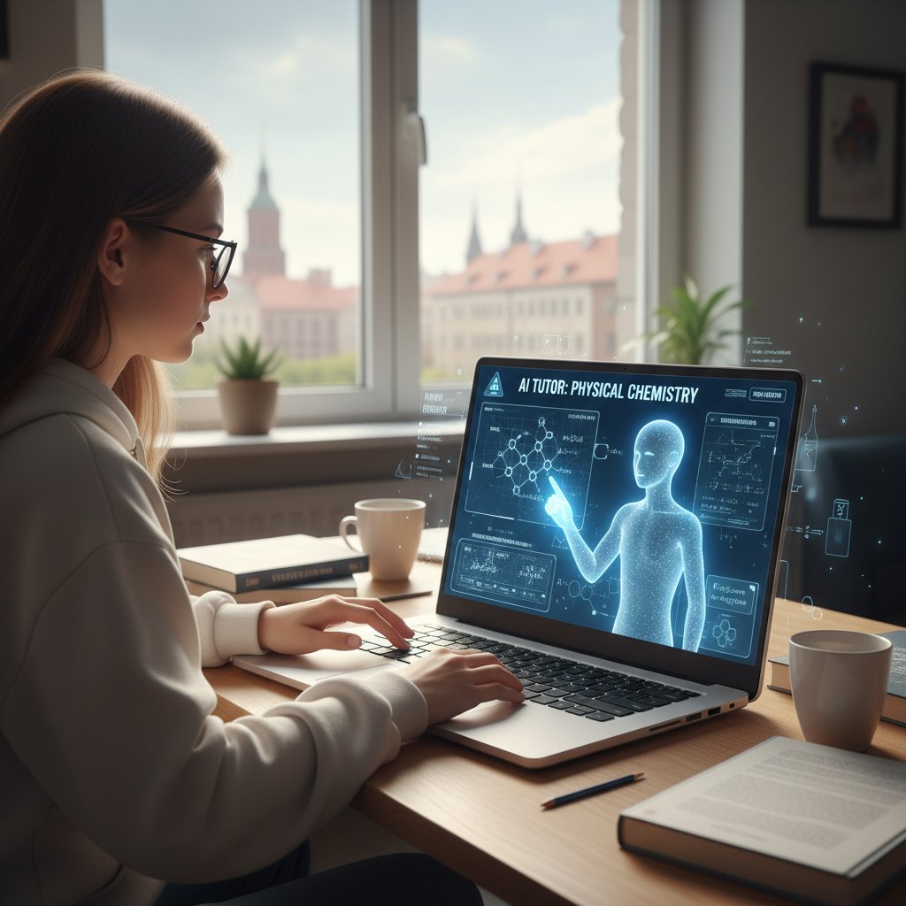 Korepetytor AI pomaga w nauce chemii fizycznej online – uczeń korzysta z laptopa, ekran z cyfrowym interfejsem