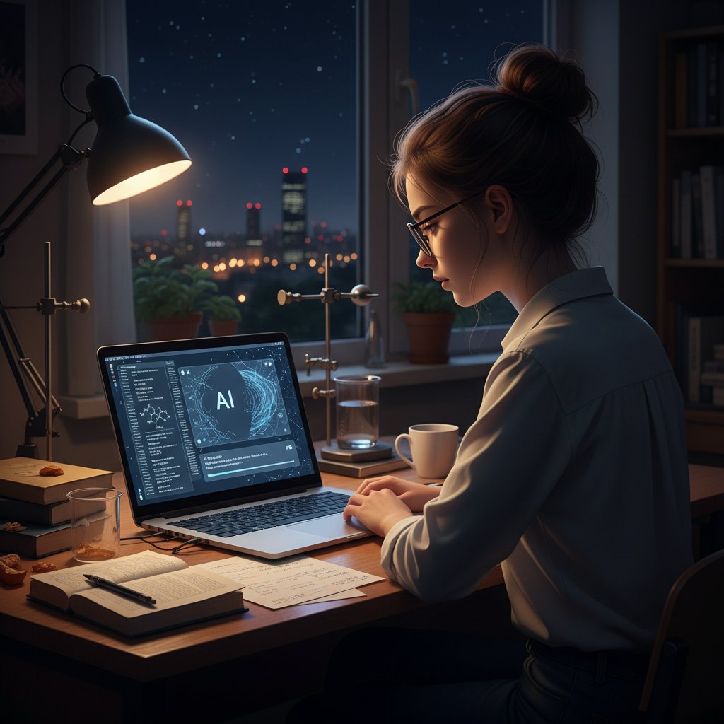 Uczeń korzystający z laptopa podczas nauki chemii, AI wspiera go na ekranie, nocne światło