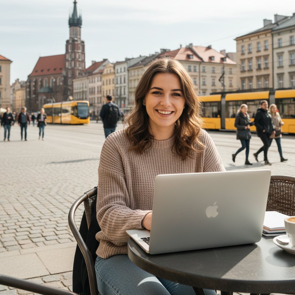 Studentka z zeszytem i laptopem, w tle miasto, uśmiech, scena dzienna