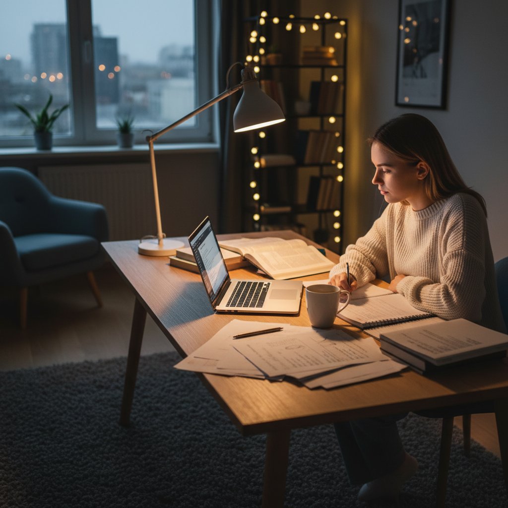 Marek, student przy biurku z laptopem, kawa, notatki, nocne światło, nowoczesny pokój
