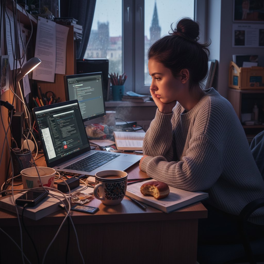 Polski student uczący się przy laptopie z kubkiem kawy i notatkami, napięty i skupiony w cyfrowym chaosie