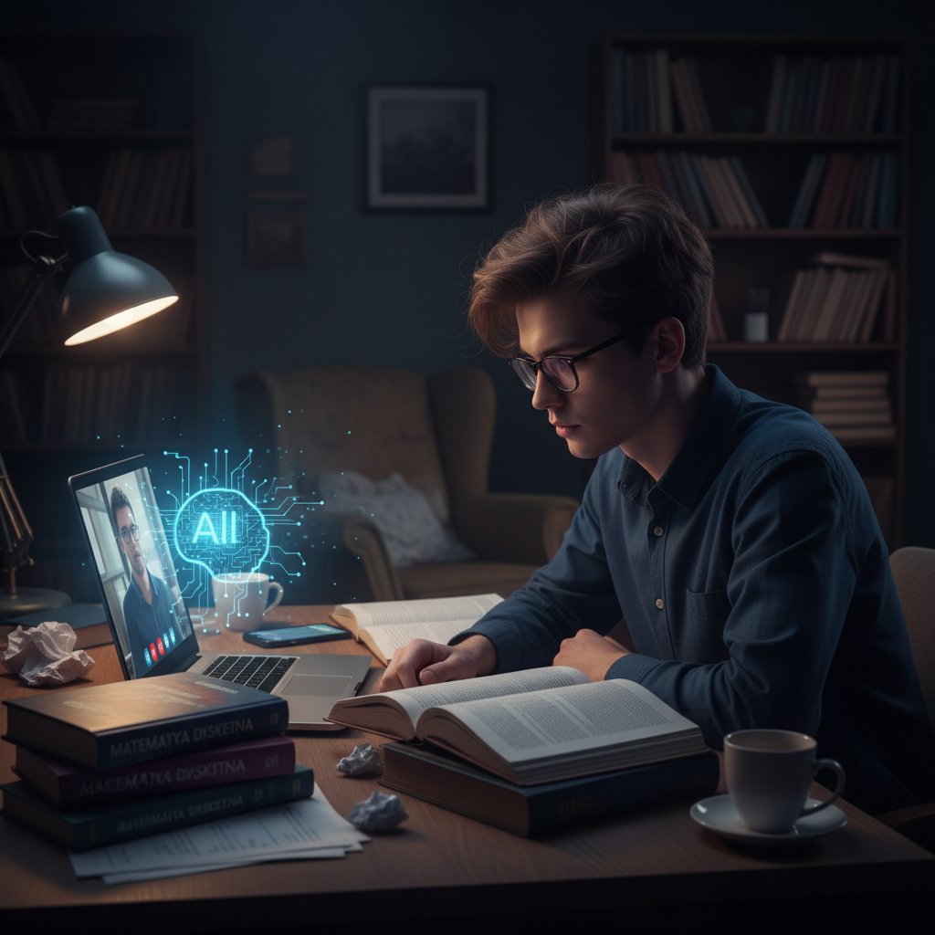 Polski uczeń podczas zdalnej lekcji przez laptop, z książkami i smartfonem, atmosfera skupienia