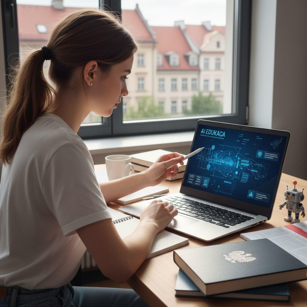 Polski uczeń korzystający z laptopa przy biurku – wsparcie AI i nowoczesnych technologii