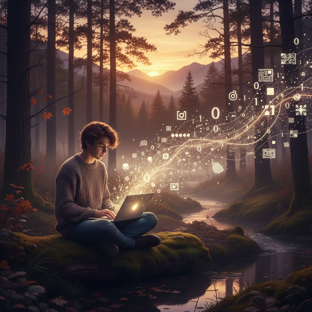 Uczeń korzystający z korepetycji online z ekologii, w otoczeniu symboli natury i technologii