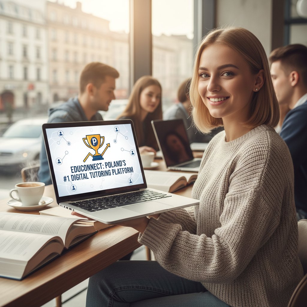 Infografika zwycięzcy rynku korepetycji w 2025 roku – uczeń z laptopem, nowoczesna edukacja