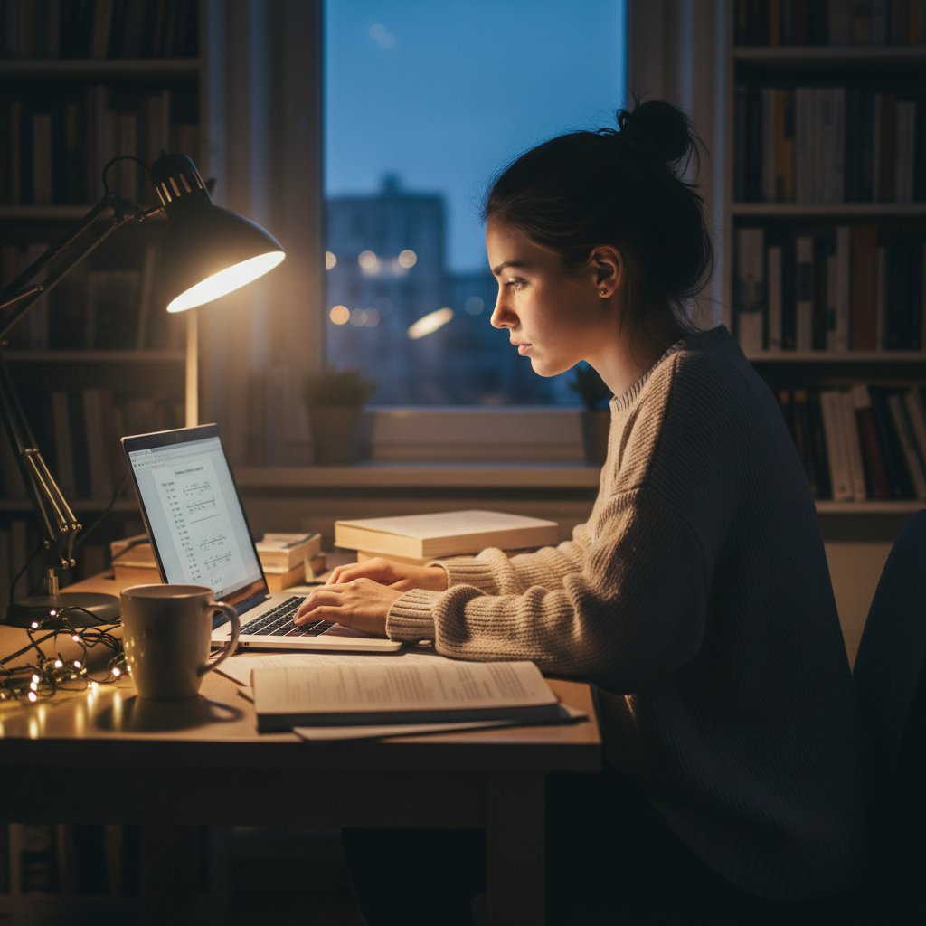 Polska uczennica logująca się do platformy edukacyjnej, laptop, wieczór, atmosfera skupienia