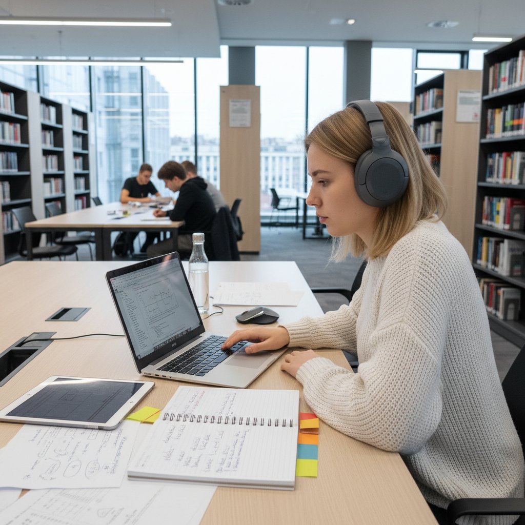 Uczeń korzystający z laptopa i słuchawek, otoczony notatkami i książkami — nowoczesna nauka online