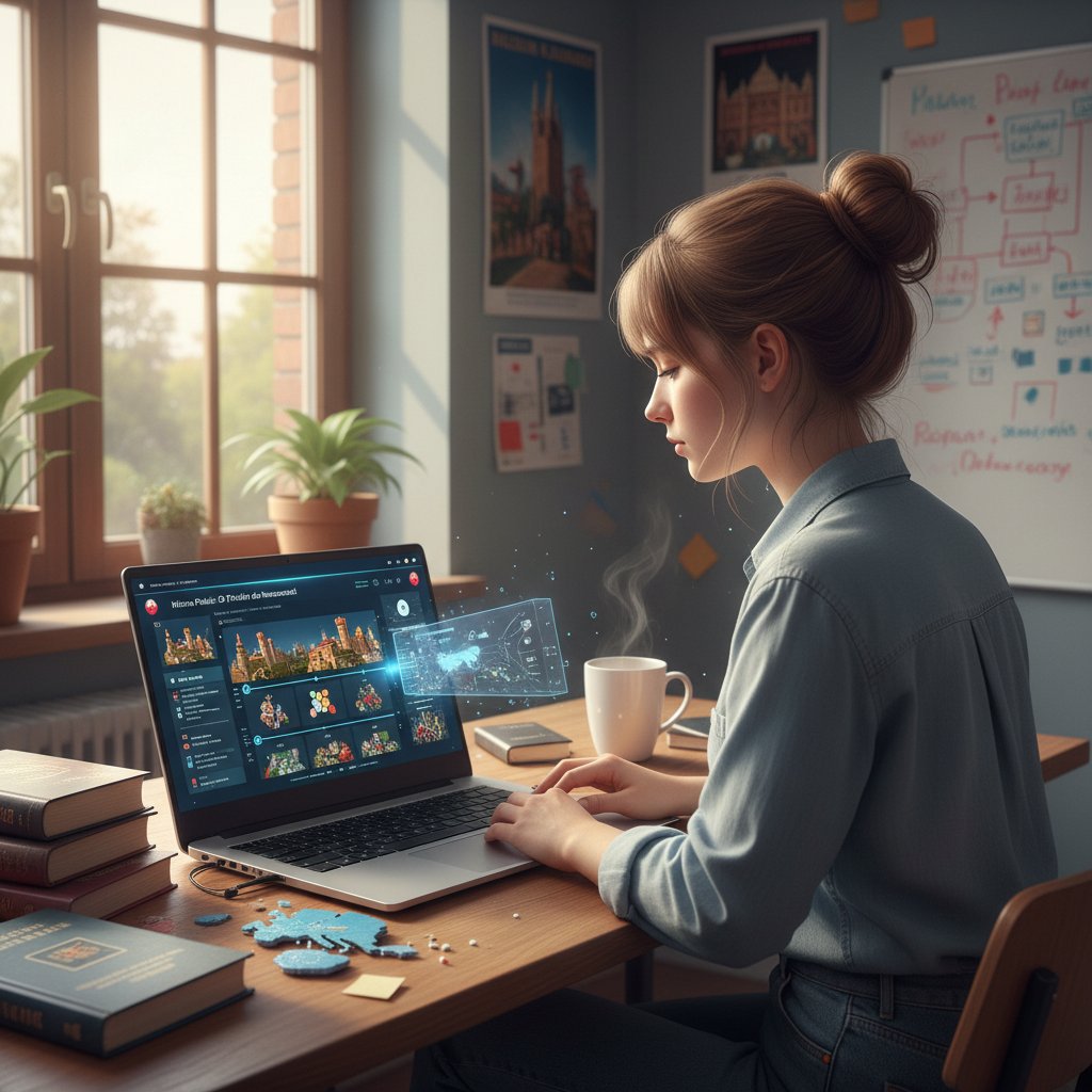 Uczeń korzystający z laptopa podczas nauki historii, na ekranie widać aplikację edukacyjną, wokół nowoczesne gadżety