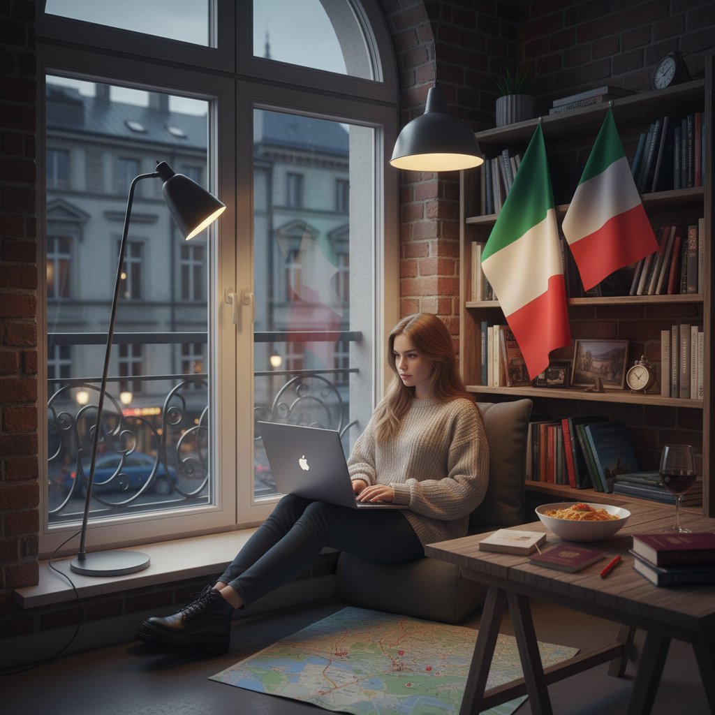 Młoda osoba ucząca się włoskiego online, laptop, motywacyjne plakaty, wieczór, klimatyczne światło Warszawy