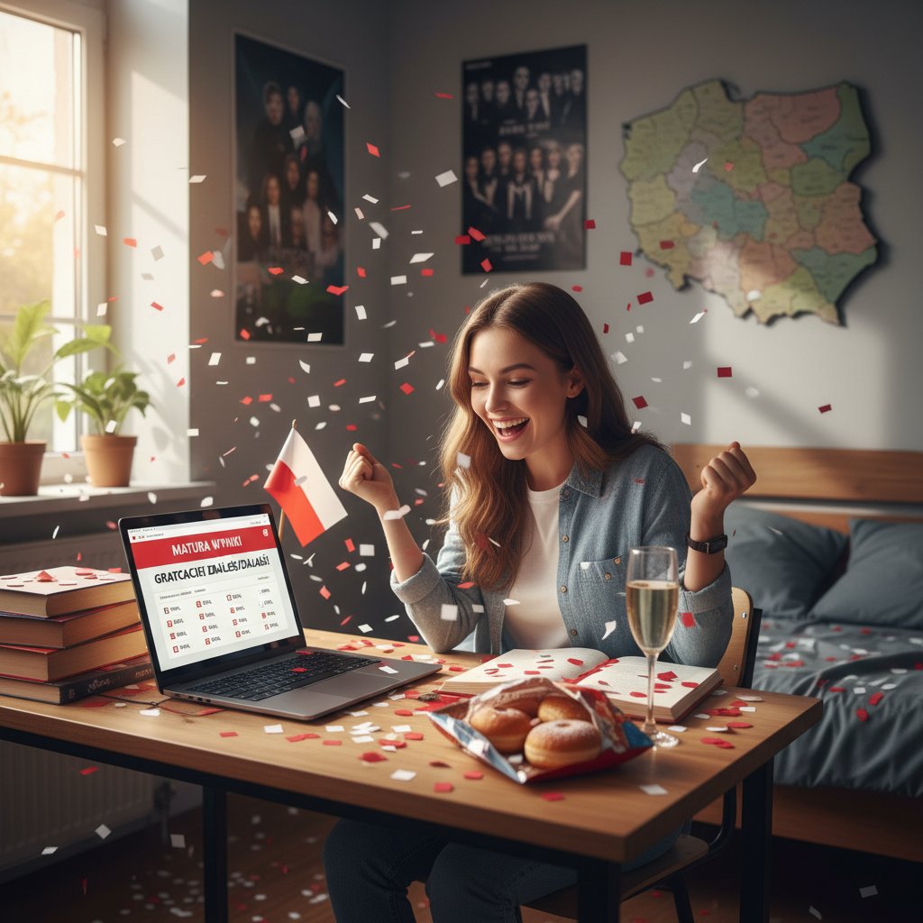 Studentka świętująca sukces z wynikiem matury przed laptopem