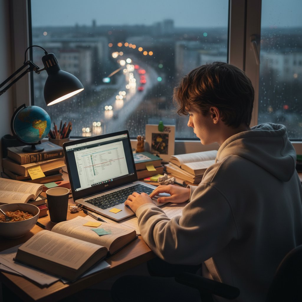 Młody uczeń korzystający z laptopa do korepetycji historii online, otoczony notatkami i materiałami