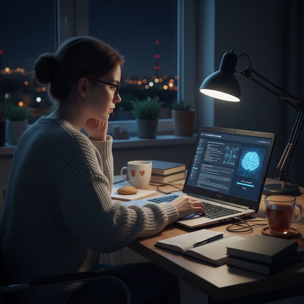 Student używający laptopa z AI do nauki, efektywne metody rozwiązywania zadań