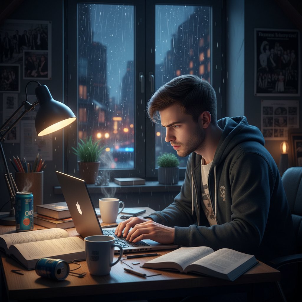 Uczeń przygotowujący się do egzaminu online w nocy, z notatkami i laptopem na biurku, klimat miejski, intensywne światło ekranu
