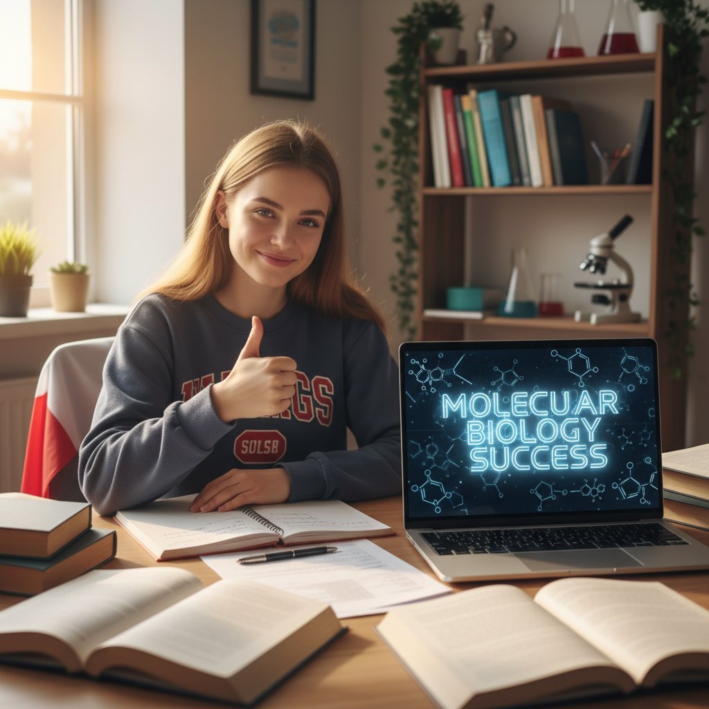 Polska studentka pracująca z laptopem i notatkami – sukces w nauce biologii molekularnej online
