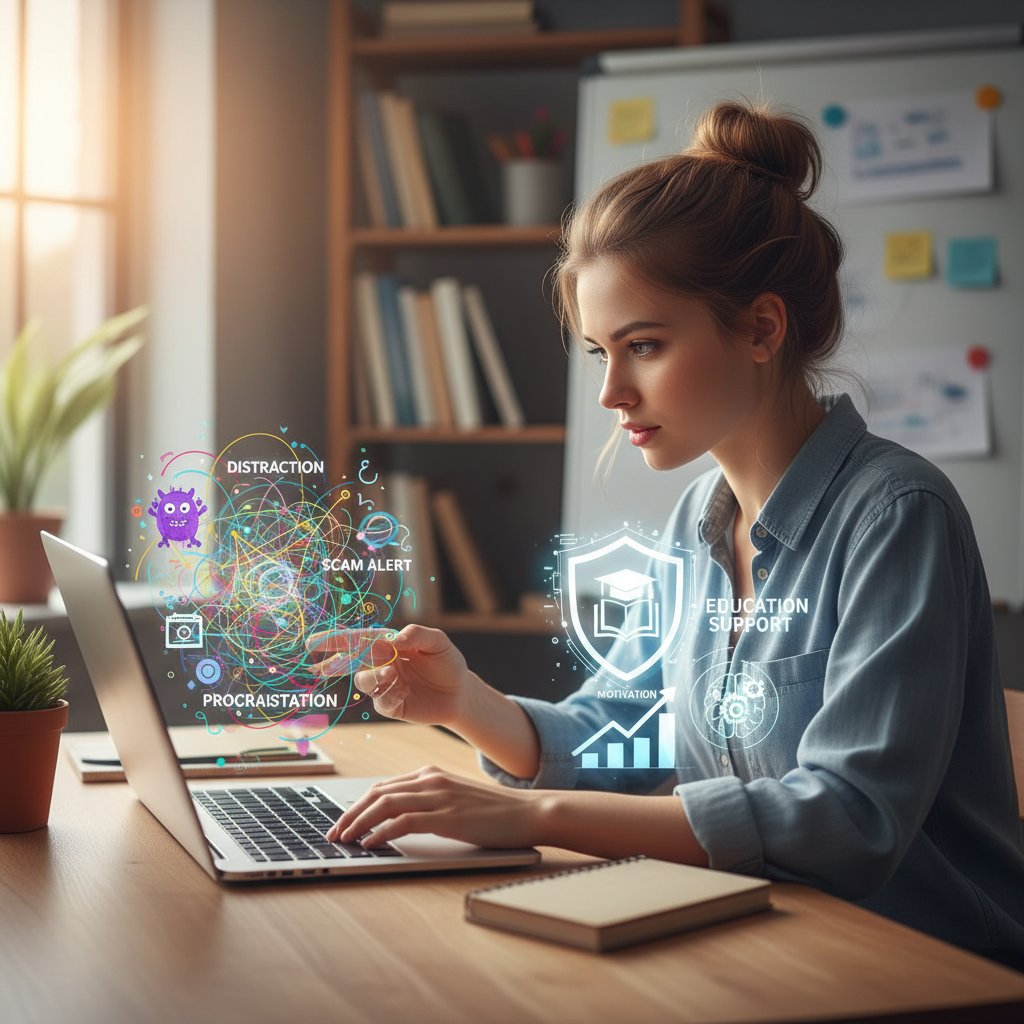 Studentka wpatrzona w ekran laptopa, wokół niej cyfrowe pułapki i motywy wsparcia naukowego