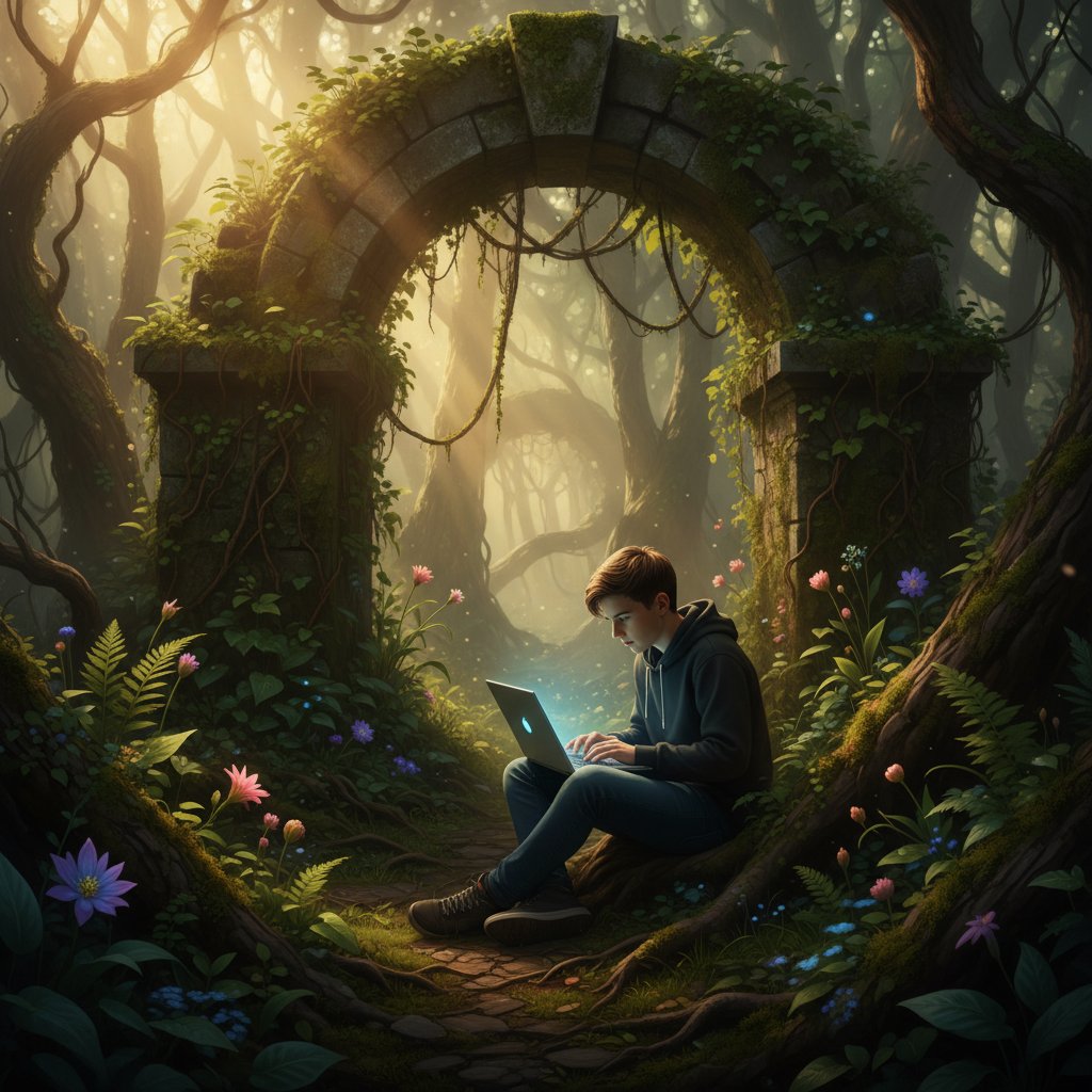 Student biologii środowiska online z laptopem w dzikiej naturze, dramatyczne światło