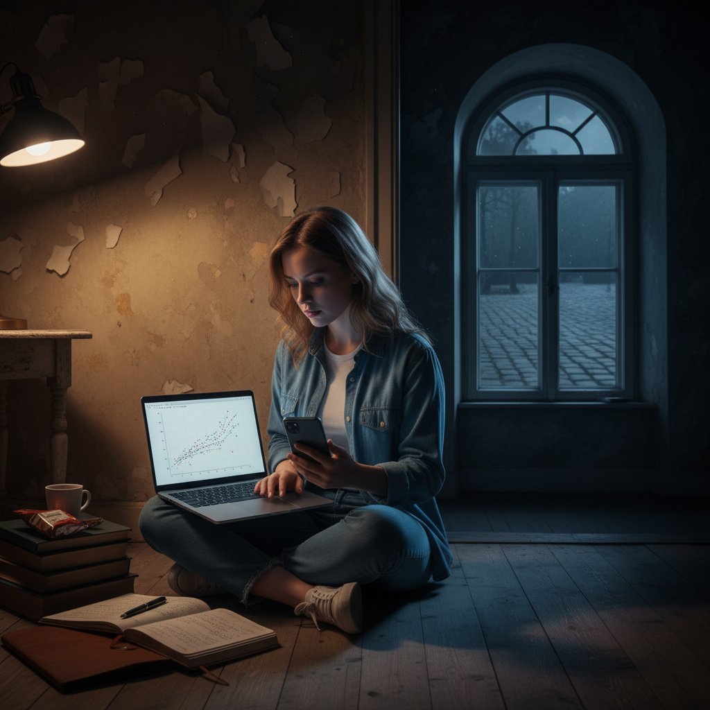 Dwóch uczniów – jeden z laptopem i smartfonem, drugi z zeszytem w starej kamienicy