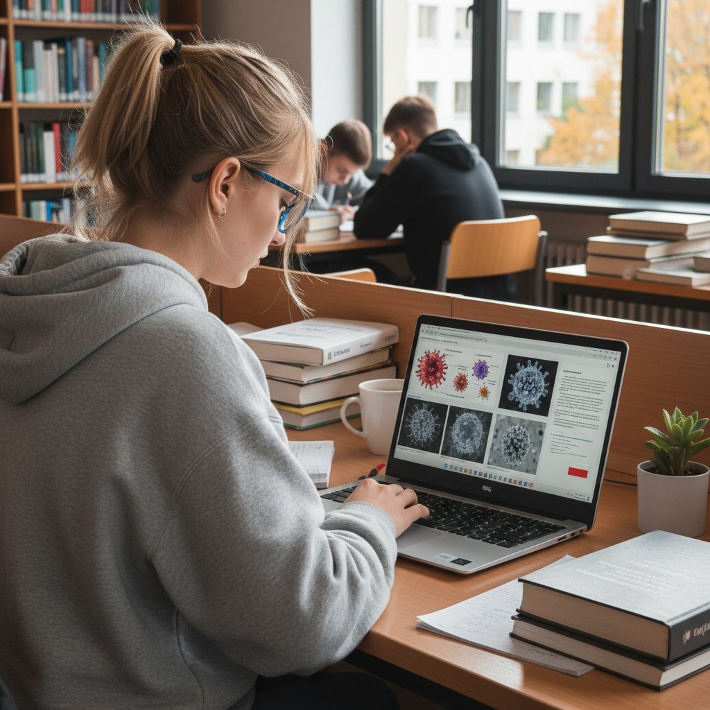 Polski student wychodzący z domu z laptopem, gotowy do nauki biologii wirusów online