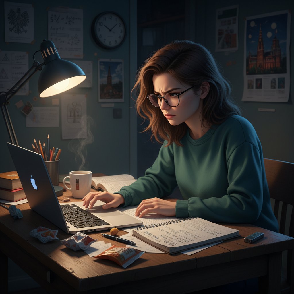 Uczennica przygotowująca się do analizy zadań maturalnych z WOS, laptop, notatki, intensywna koncentracja, biurko nocą