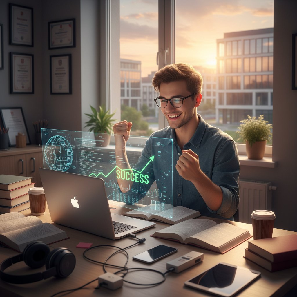 Młody mężczyzna z laptopem, uśmiechnięty po zdaniu egzaminu, jasny pokój, elementy technologii