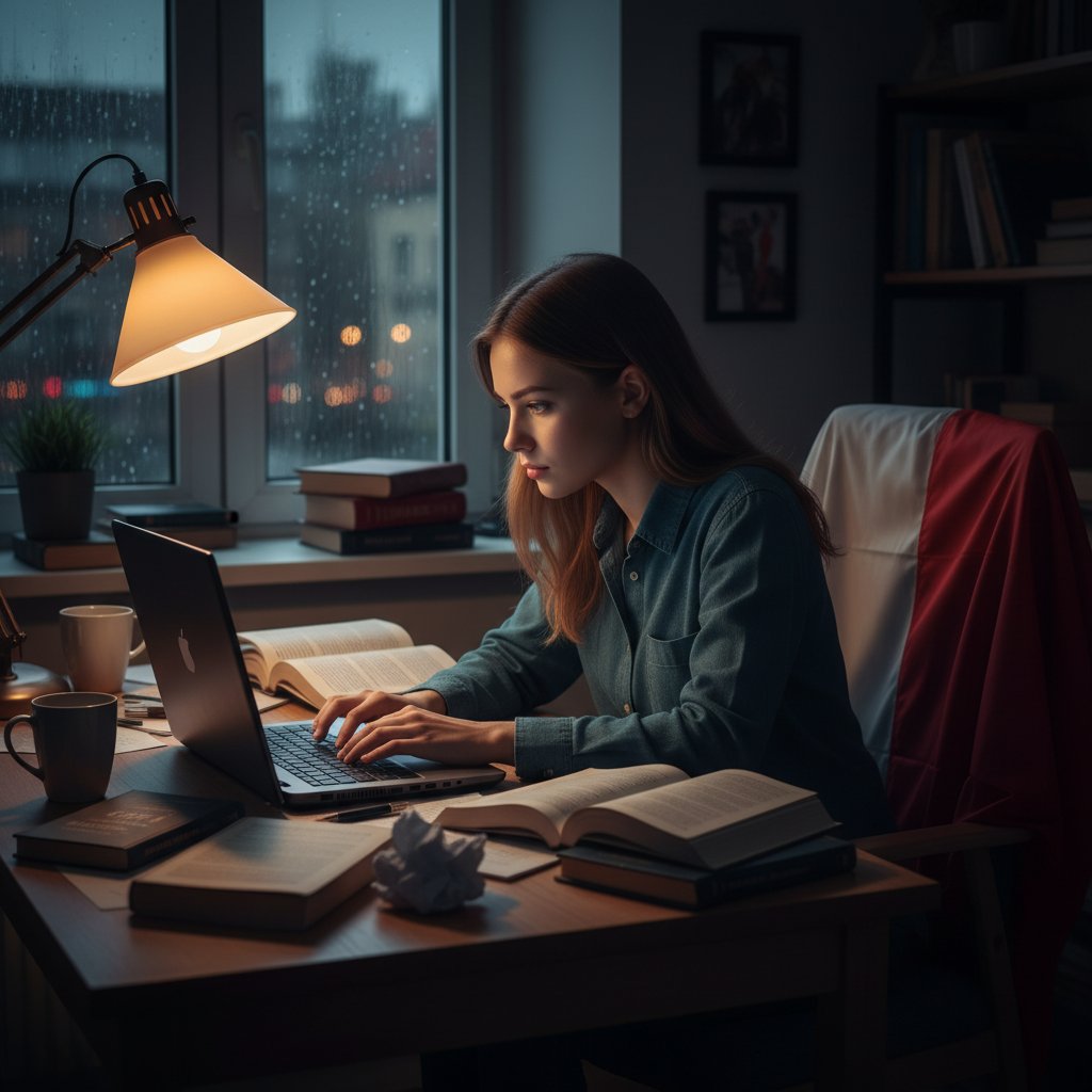 Uczeń przygotowujący się do lekcji WOS online z laptopem i notatkami, intensywna atmosfera i polska flaga w tle