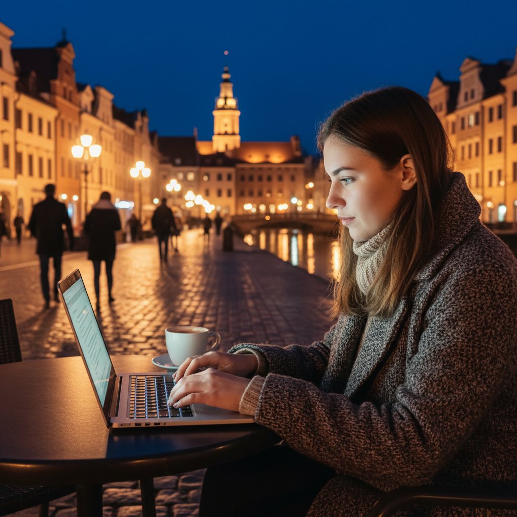 Uczeń przy laptopie z panoramą Torunia w tle, wieczorne światła miasta, atmosferyczne zdjęcie