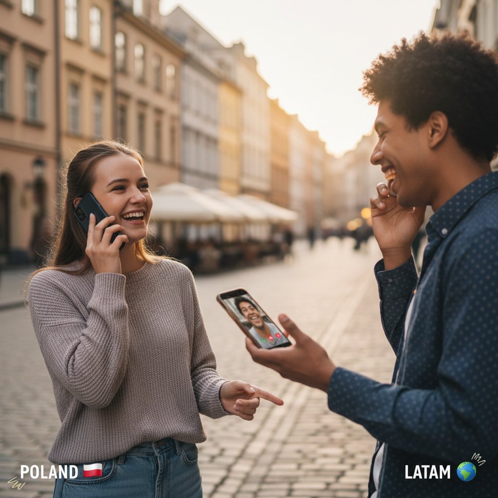 Młoda osoba rozmawiająca przez telefon z latynoskim znajomym – nauka hiszpańskiego przez kontakt z kulturą latynoamerykańską