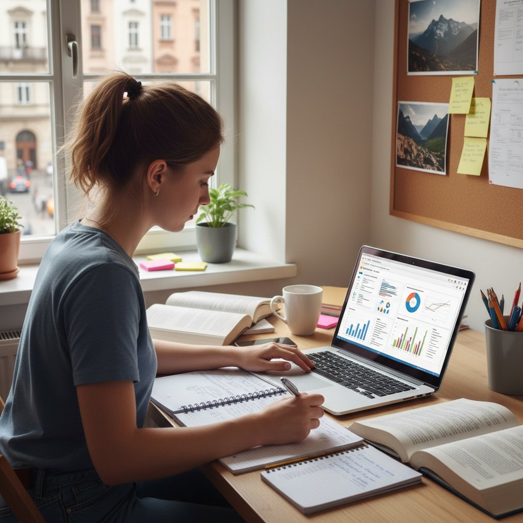 Uczeń śledzi postępy edukacyjne na laptopie, wykresy, notatki, słowa kluczowe: nauka online za darmo