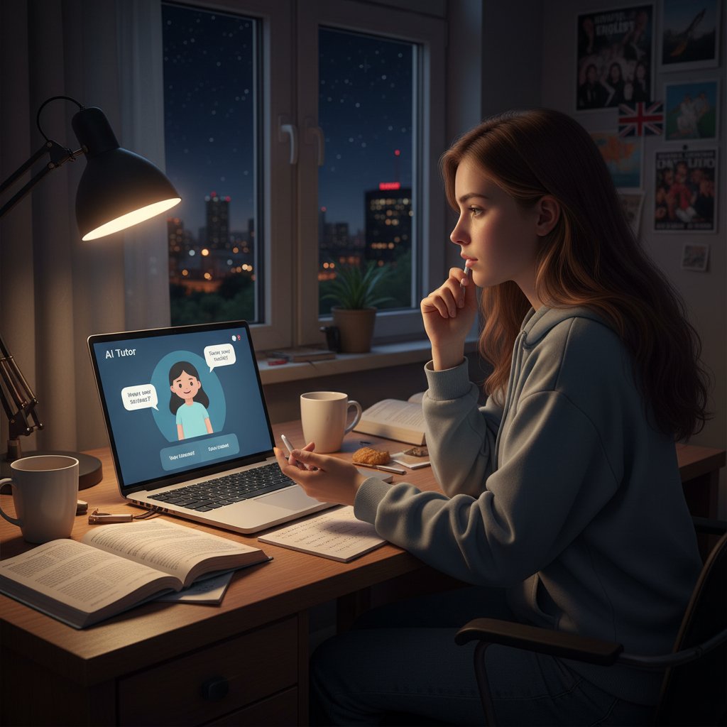 Młody Polak uczący się angielskiego ze wsparciem sztucznej inteligencji na laptopie