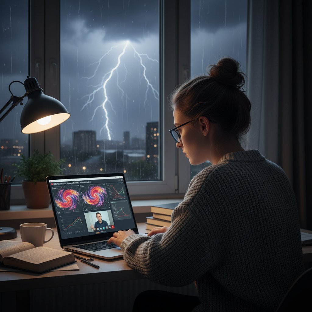 Polski uczeń uczy się meteorologii online podczas burzy, nauka meteorologii online, burza, miasto, wieczorne światło