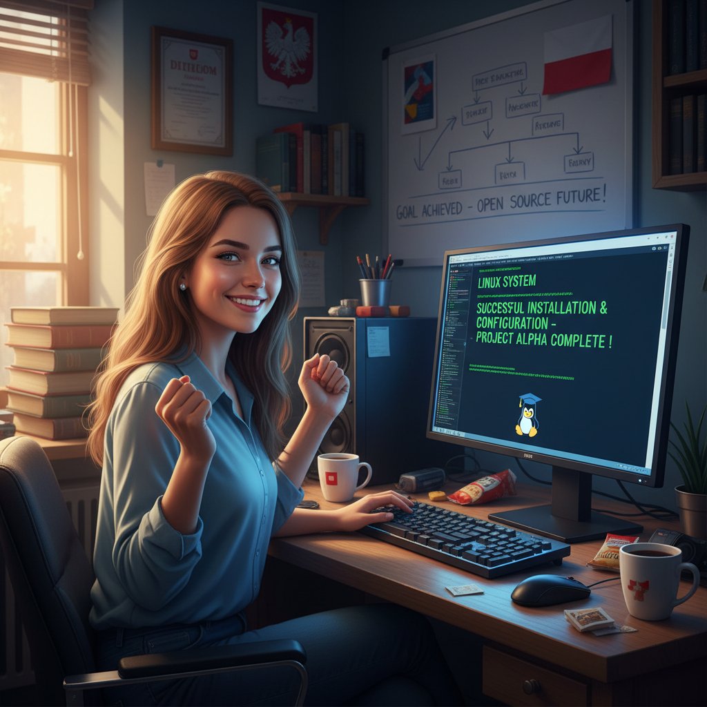 Inspirująca scena: polski student stojący przy komputerze, symbolizujący sukces w nauce Linuxa online