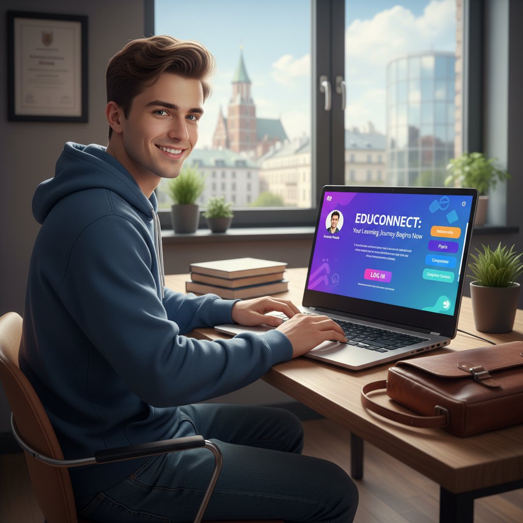 Uczeń gotowy do rozpoczęcia swojej przygody z korepetycjami online, zalogowany na platformie edukacyjnej, pewny siebie wyraz twarzy