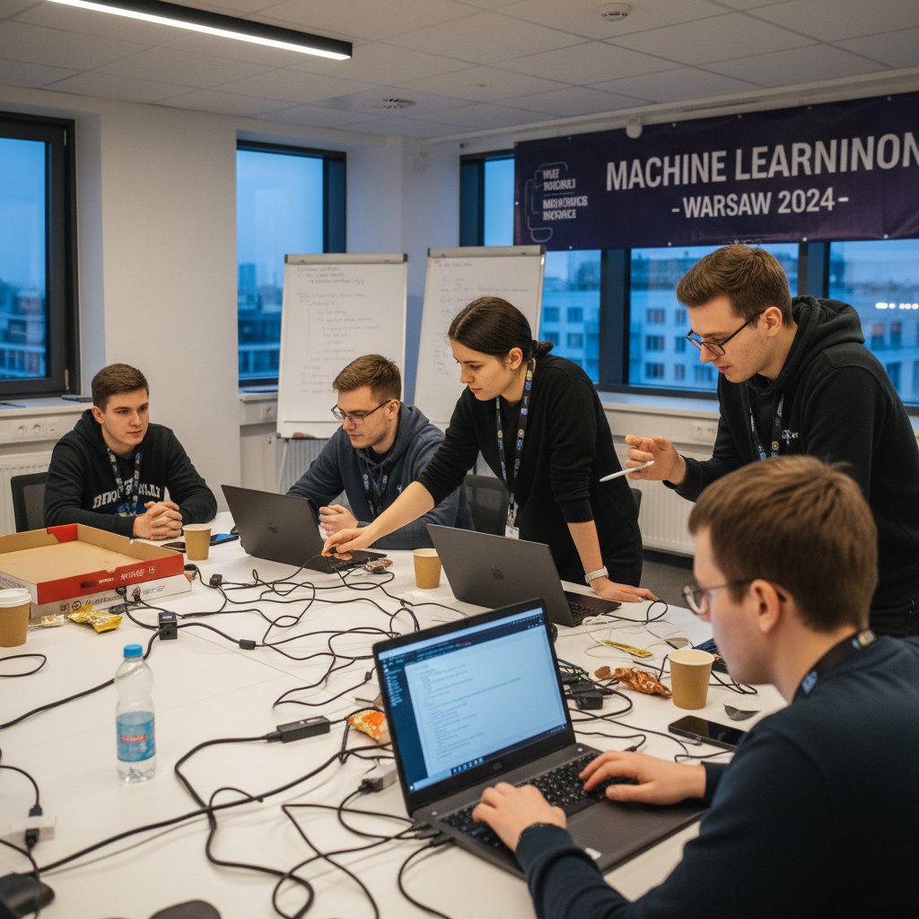 Polski student prezentuje projekt ML online podczas hackathonu, energia, współpraca, kod na ekranie