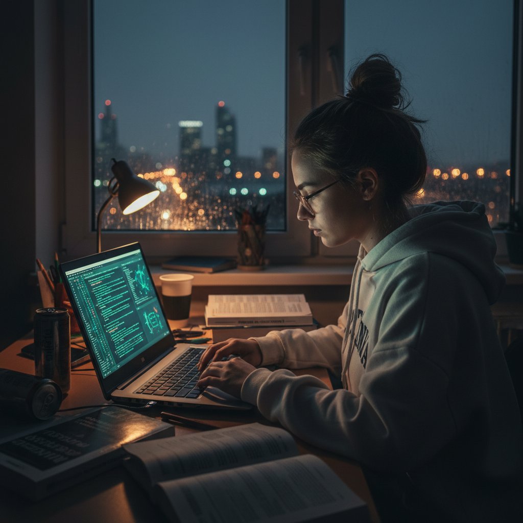 Młody Polak uczy się machine learning online, noc, laptop, cyfrowy kod, atmosfera napięcia i nadziei