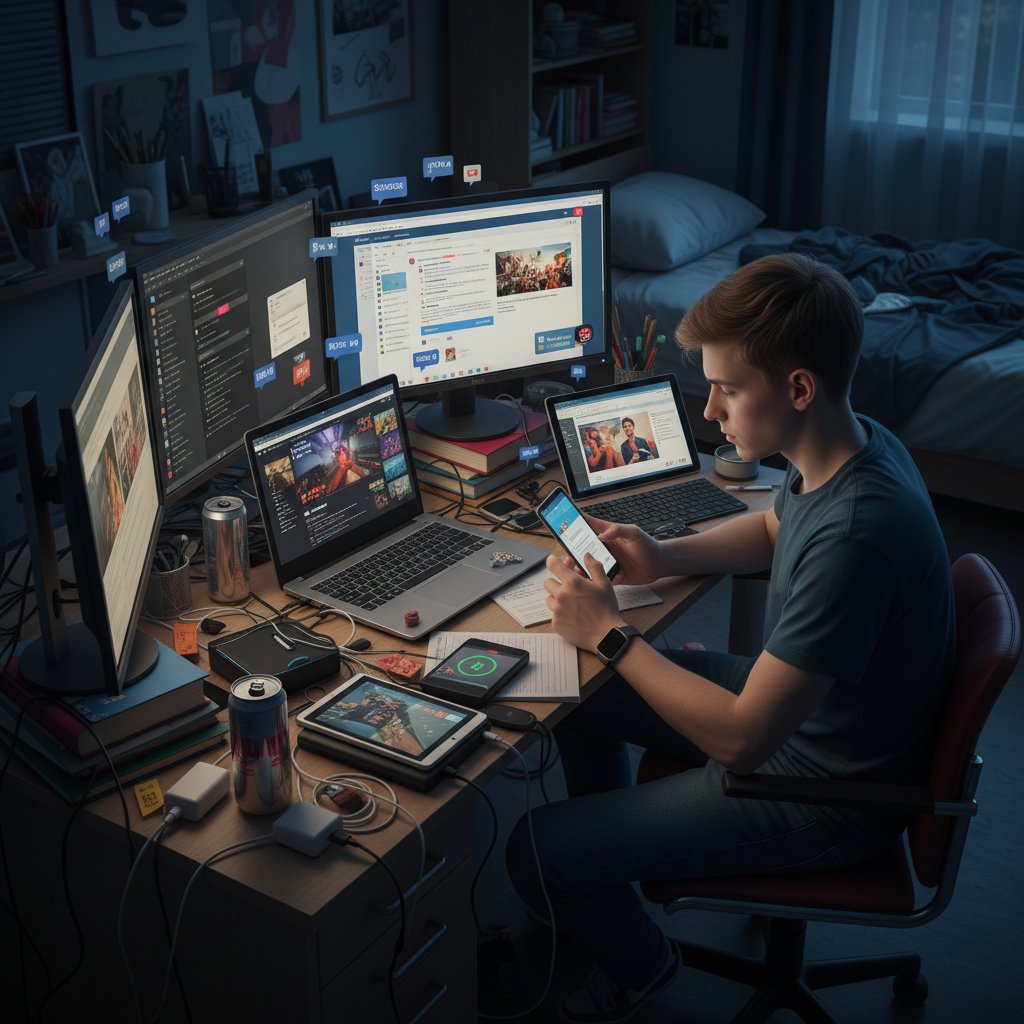 Polski uczeń z wieloma urządzeniami, rozproszony, ekran laptopa, telefon, powiadomienia, chaos