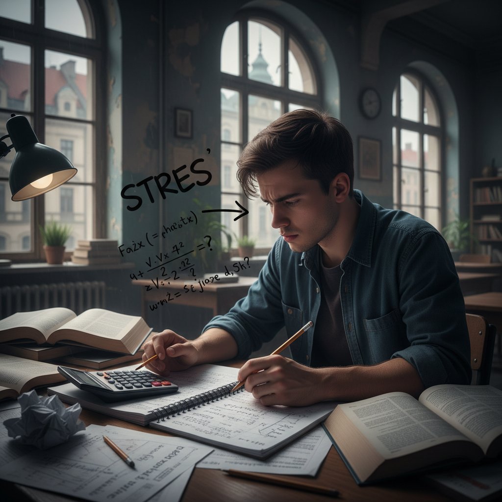 Uczeń siedzący przy stole z zeszytem do matematyki, z niepewną miną i kalkulatorem w ręku; tematyka: strach przed matematyką