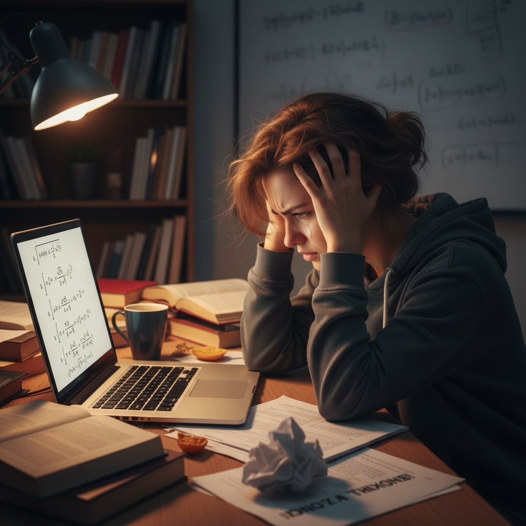 Uczeń z frustracją patrzy na komputer, matematyka online, wektory