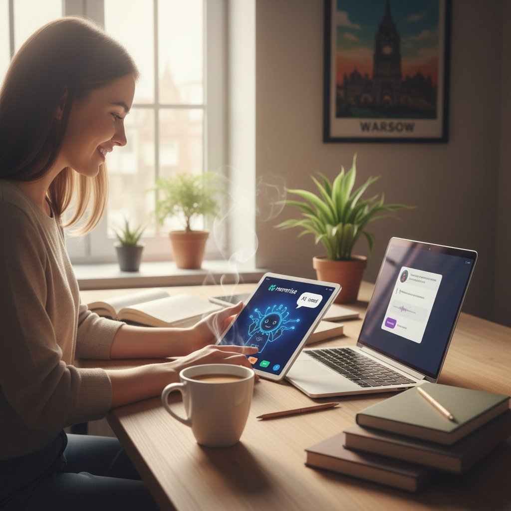Młody student dzielący czas między aplikację Memrise a korepetycje online przy biurku