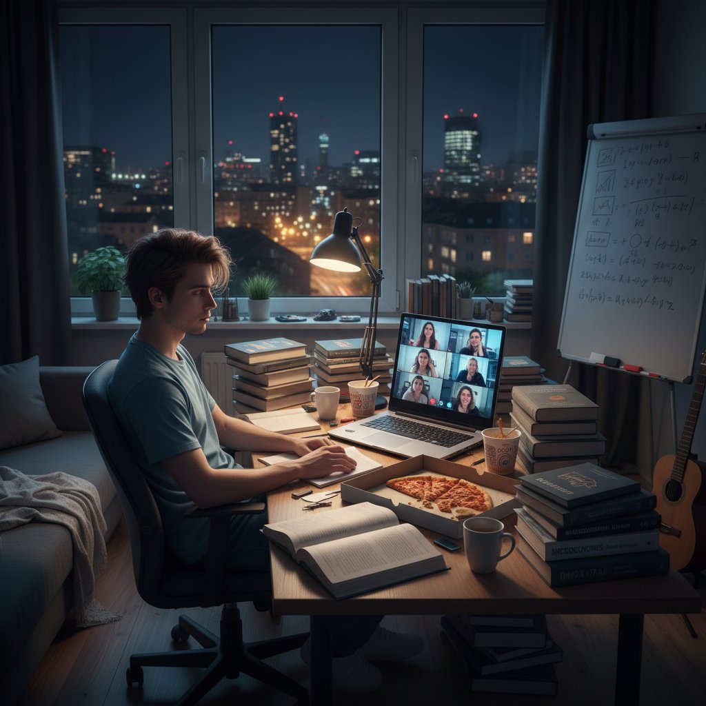 Uczeń ekonomii podczas nocnej lekcji online, otoczenie książkami i laptopem