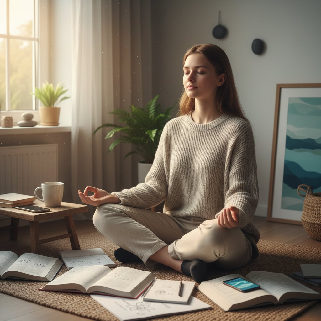 Relaks i skupienie: uczeń praktykujący mindfulness przy biurku, zamknięte oczy, spokojny oddech, widoczne notatki z fizyki